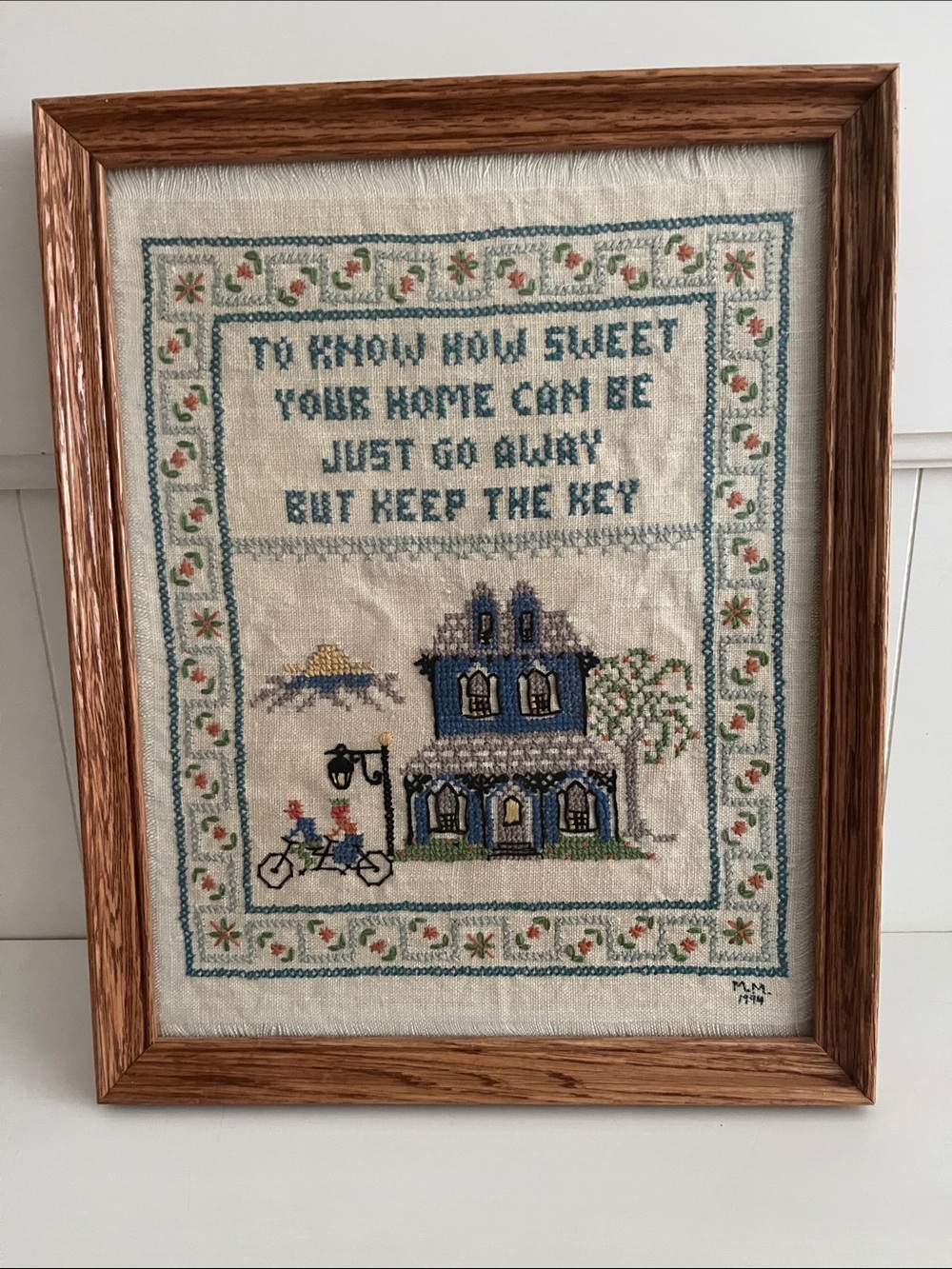 Cross Stitch  Sampler Home Scene - Blue House 12 X 15 Framed